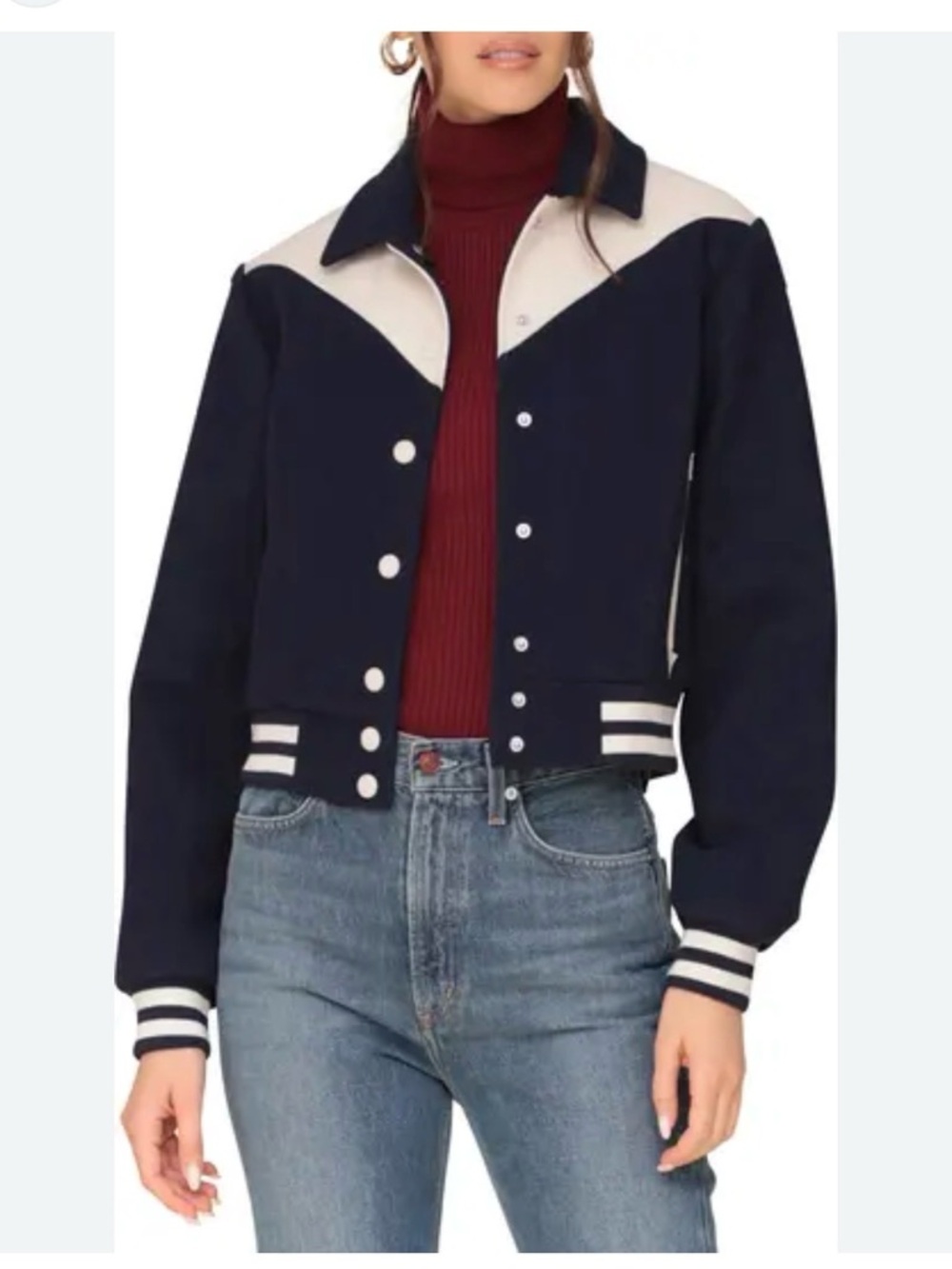 Avec Les Filles Navy and Cream Cropped Varsity Jacket